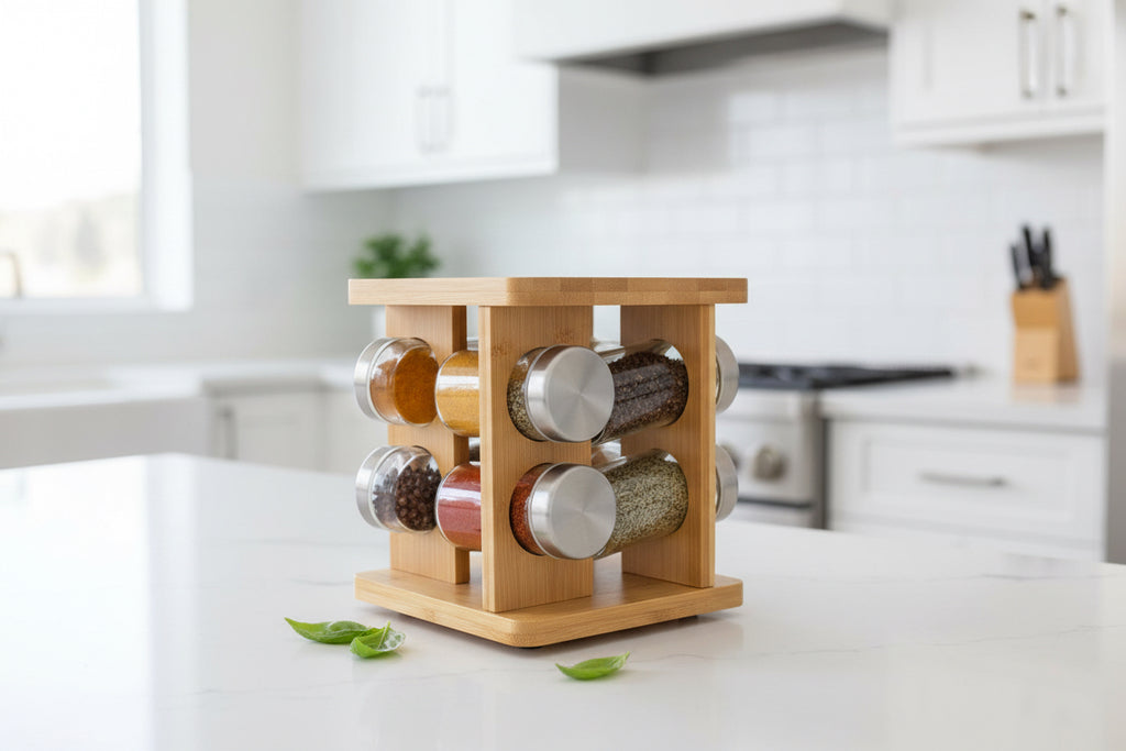 Rotating Spice Jar Set with Wooden Rack