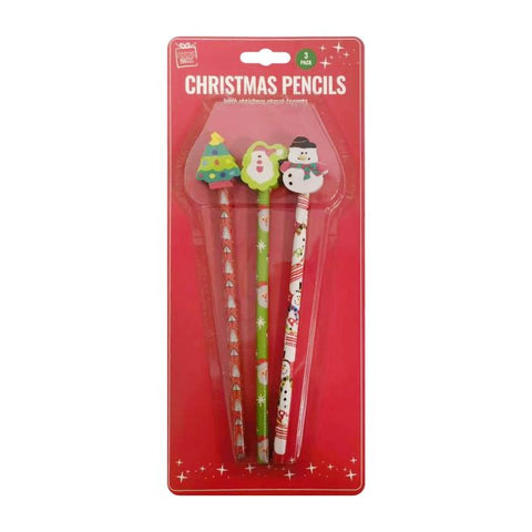 CHRISTMAS PENCILS/ERASERS SET 3PC