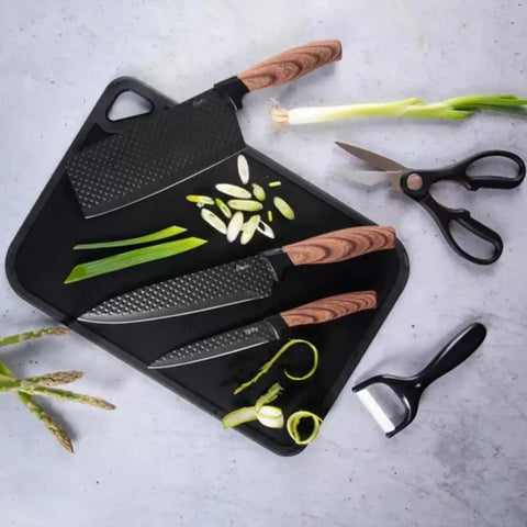 OSTER GUNDERSON 6PC KNIFE SET W/CUTTING BOARD