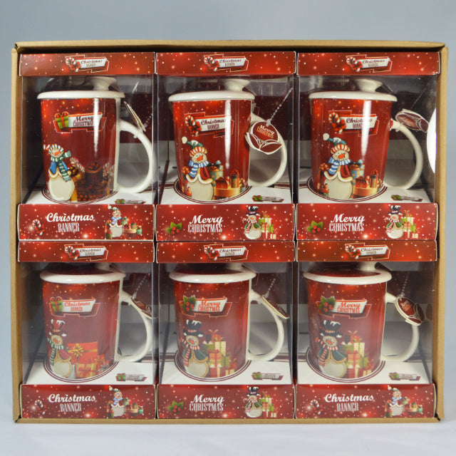 CHRISTMAS CERAMIC COFFEE MUG WITH LID & SPOON