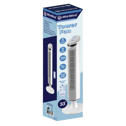 WHIRLWIND 33" TOWER FAN WHITE. 3 SPEED W/REMOTE
