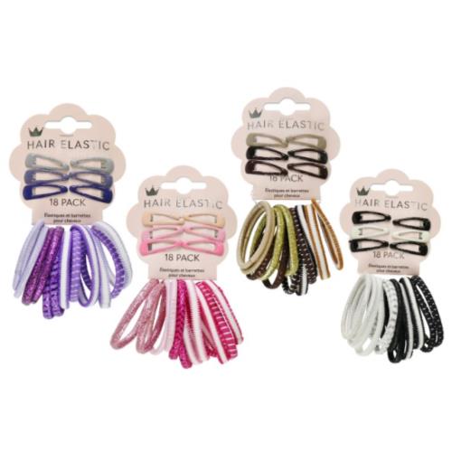 HAIR ELASTIC GLIT W/CLIPS 18PK