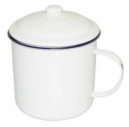 WHITE ENAMEL MUG WITH LID