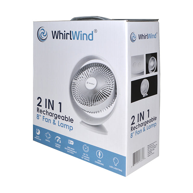 WHIRLWIND 8” RECHARGEABLE 2IN1 LAMP & DESK FAN (ROUND)