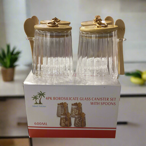 4PC BOROSILICATE GLASS CANISTER SET WITH SPOONS