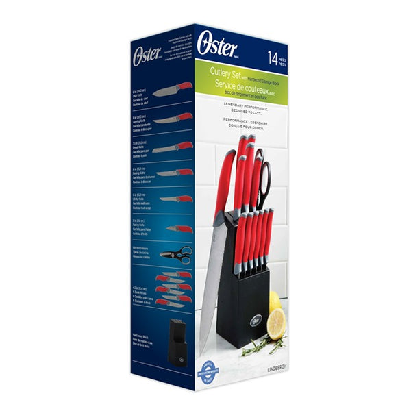 OSTER LINDBERGH 14PC KNIFE SET ON BLOCK (red)