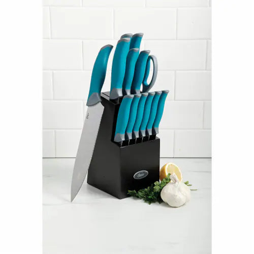 OSTER LINDBERGH 14PC TEAL KNIFE SET ON BLOCK