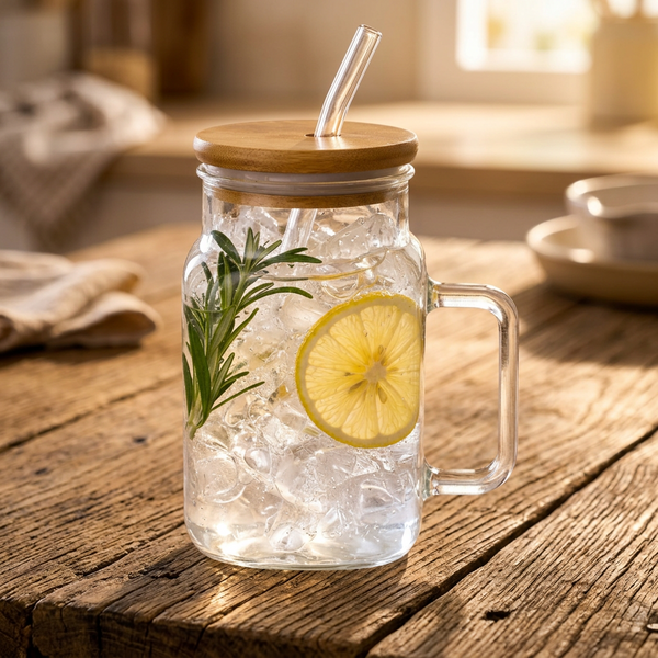 Glass mason jar mug with straw