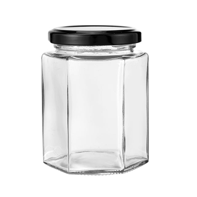 HEXAGON GLASS JAR WITH BLACK LID