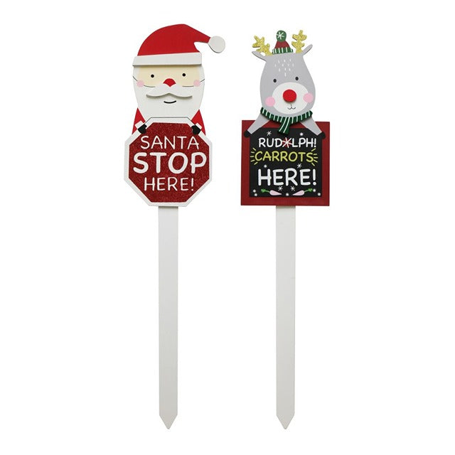 GLITTER SANTA/RUDOLPH YARD STAKE